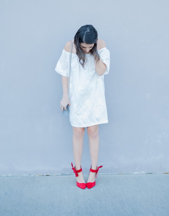 Dress Up Buttercup | Houston Fashion Blog - Dede Raad BB Dakota Off the Shoulder Cotton Dress White Red Bow High Heels