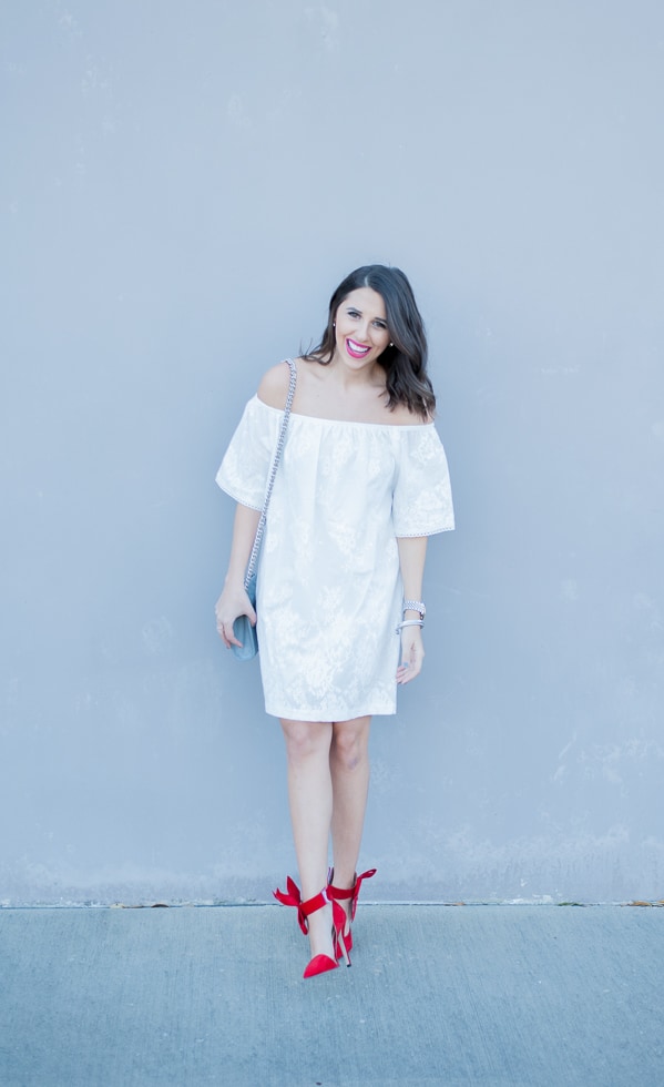 Dress Up Buttercup | Houston Fashion Blog - Dede Raad BB Dakota Off the Shoulder Cotton Dress White Red Bow High Heels