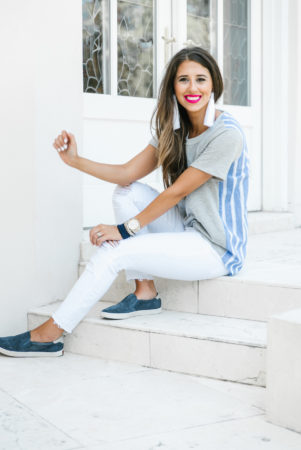 Dress Up Buttercup, Dede Raad, Houston Blogger, Fashion Blogger, Basic tshirt, stripe back t-shirt, tassel earrings, casual outfit, white jeans