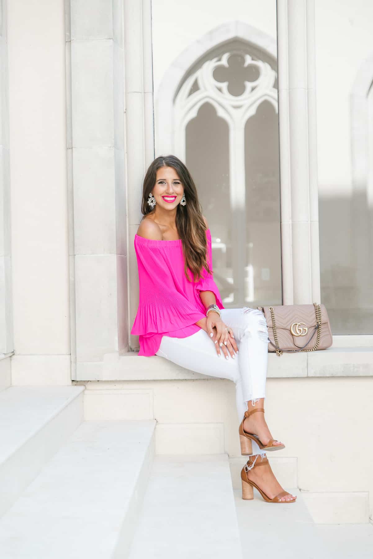 Dress Up Buttercup, Dede Raad, Houston blogger, Fashion Blogger, Pink, off the shoulder, white jeans