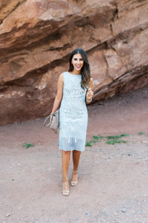 Wedding Guest in Red Rocks, adrianna-papell, sequins dress