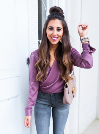 silk purple sateen top with grey jeans and leopard shoes