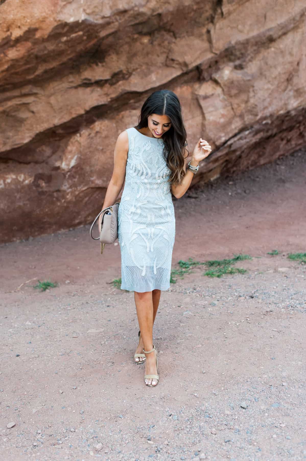 Wedding Guest in Red Rocks, adrianna-papell, sequins dress