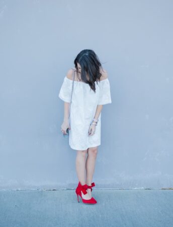 Houston Fashion Blog - Dede Raad BB Dakota Off the Shoulder Cotton Dress White Red Bow High Heels