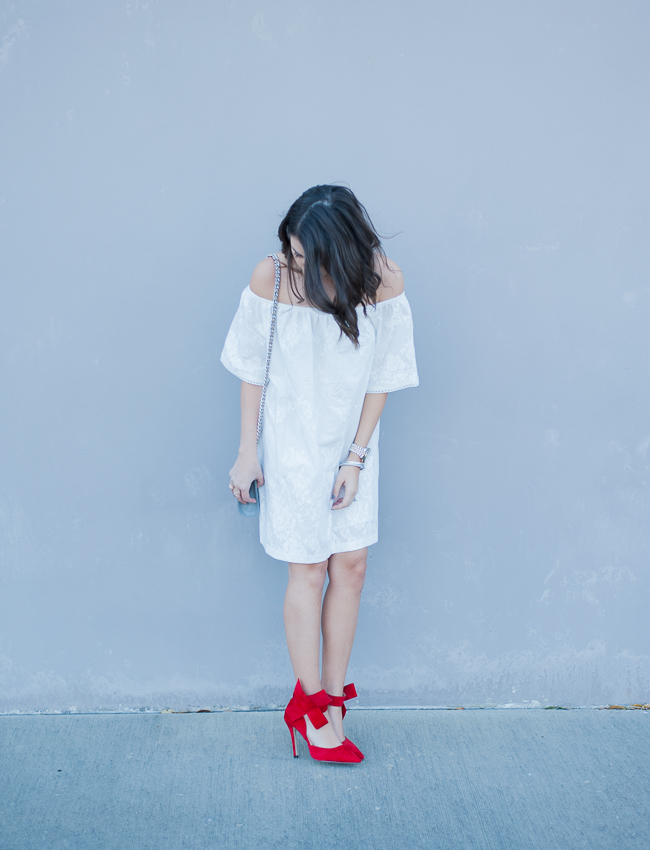 Dress Up Buttercup | Houston Fashion Blog - Dede Raad BB Dakota Off the Shoulder Cotton Dress White Red Bow High Heels