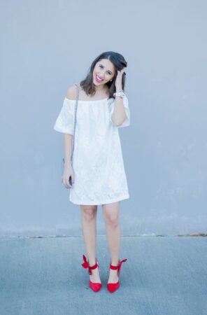 Houston Fashion Blog - Dede Raad BB Dakota Off the Shoulder Cotton Dress White Red Bow High Heels